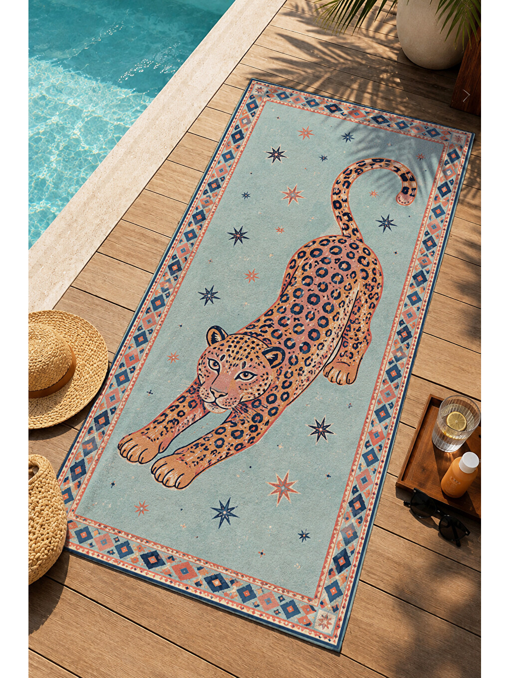 Bej Maximalist Leopar Bordürlü Halı Motifli Desenli 70x150 Plaj Havlusu - Dijital Baskılı Banyo Havlusu-1