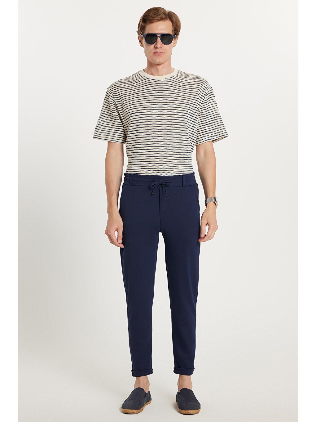 Erkek Slim Fit Pamuklu Beli Bağlamalı Yan Cepli Katlamalı Paça Jogger Lacivert Pantolon-3