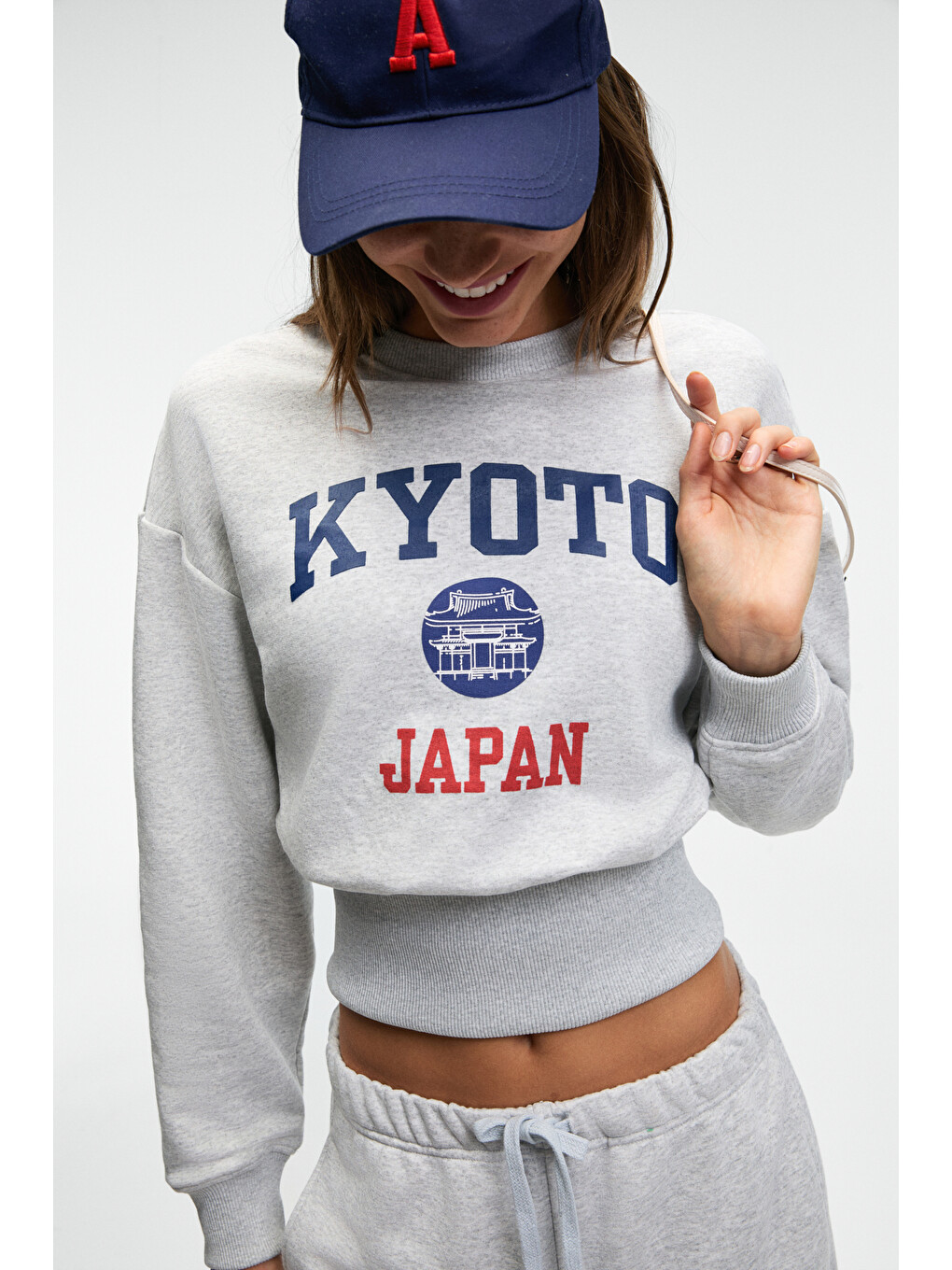 Sorellıa Kadın Bisiklet Yaka Üzerine Oturan Beli Korseli Baskılı Regular Gri Melanj Sweatshirt-1
