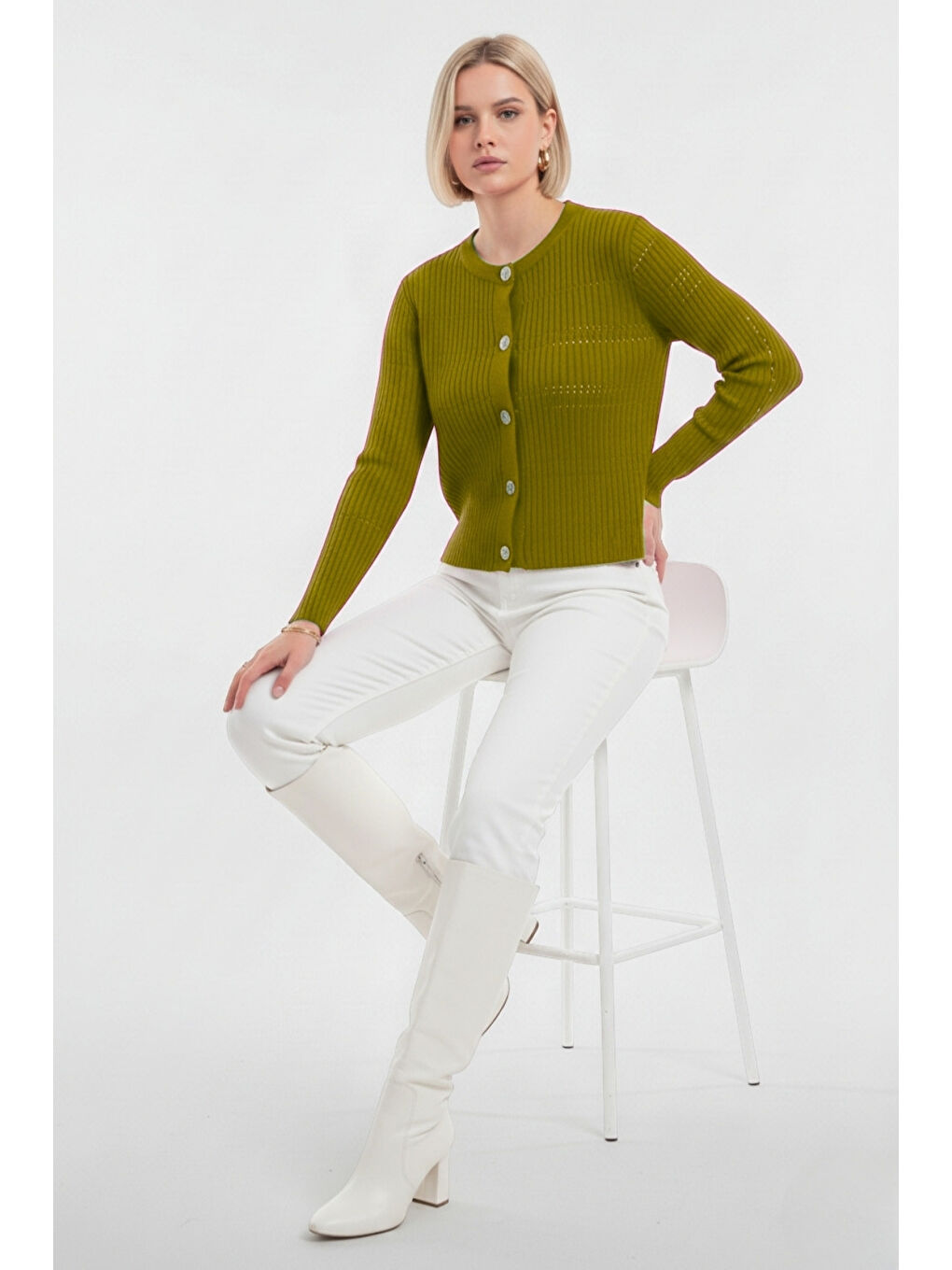 Metal Düğmeli Yuvarlak Yaka Kaşkorse Haki Hırka-1