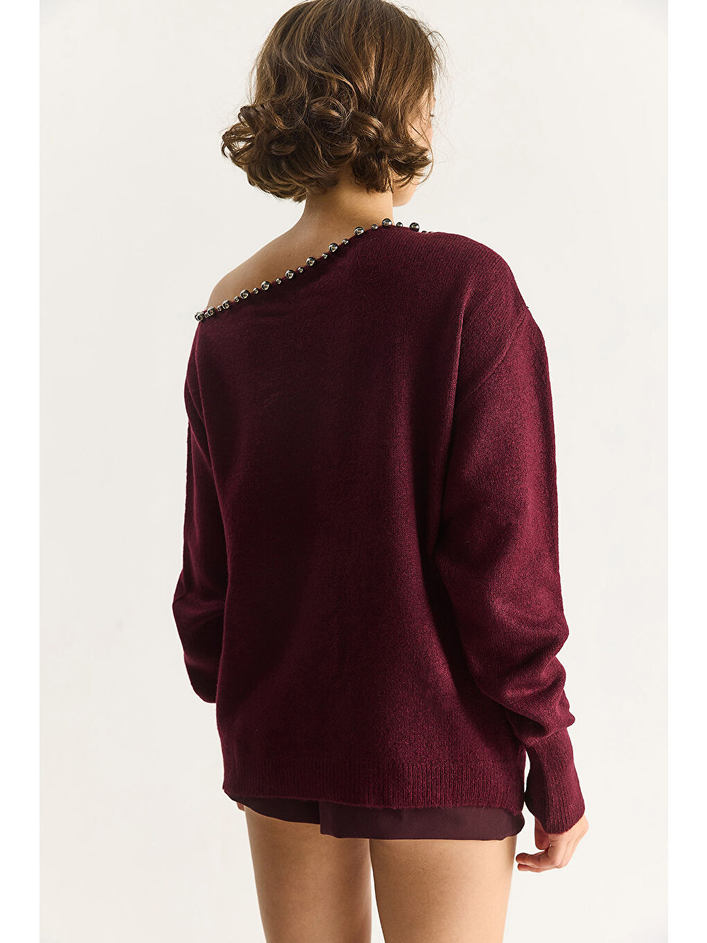 Bordo Kadın Taş İşleme Detaylı Tek Omuz Triko Kazak TK-6