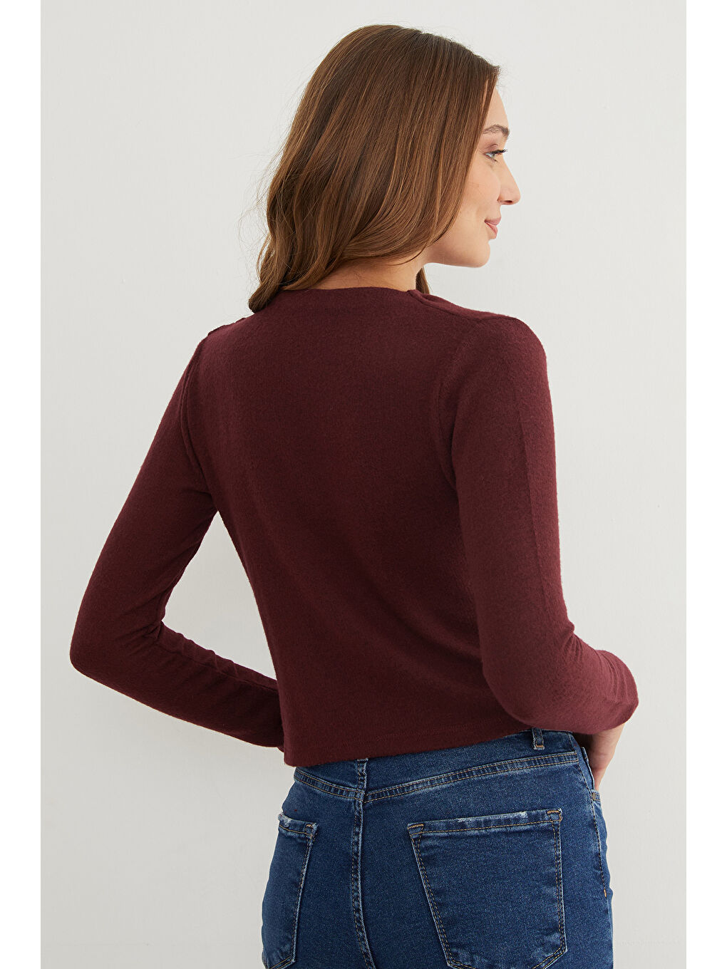 Bordo Yanı Drapeli Dik Yaka Triko Bluz-4