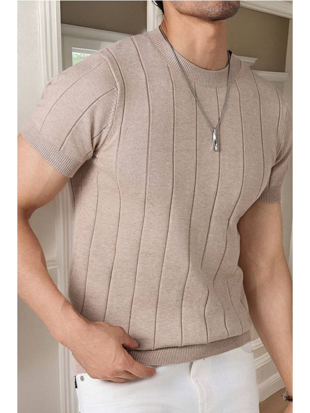 Bej Erkek Fit Dokulu Kısa Kollu Bisiklet Yaka Triko Tişört-3