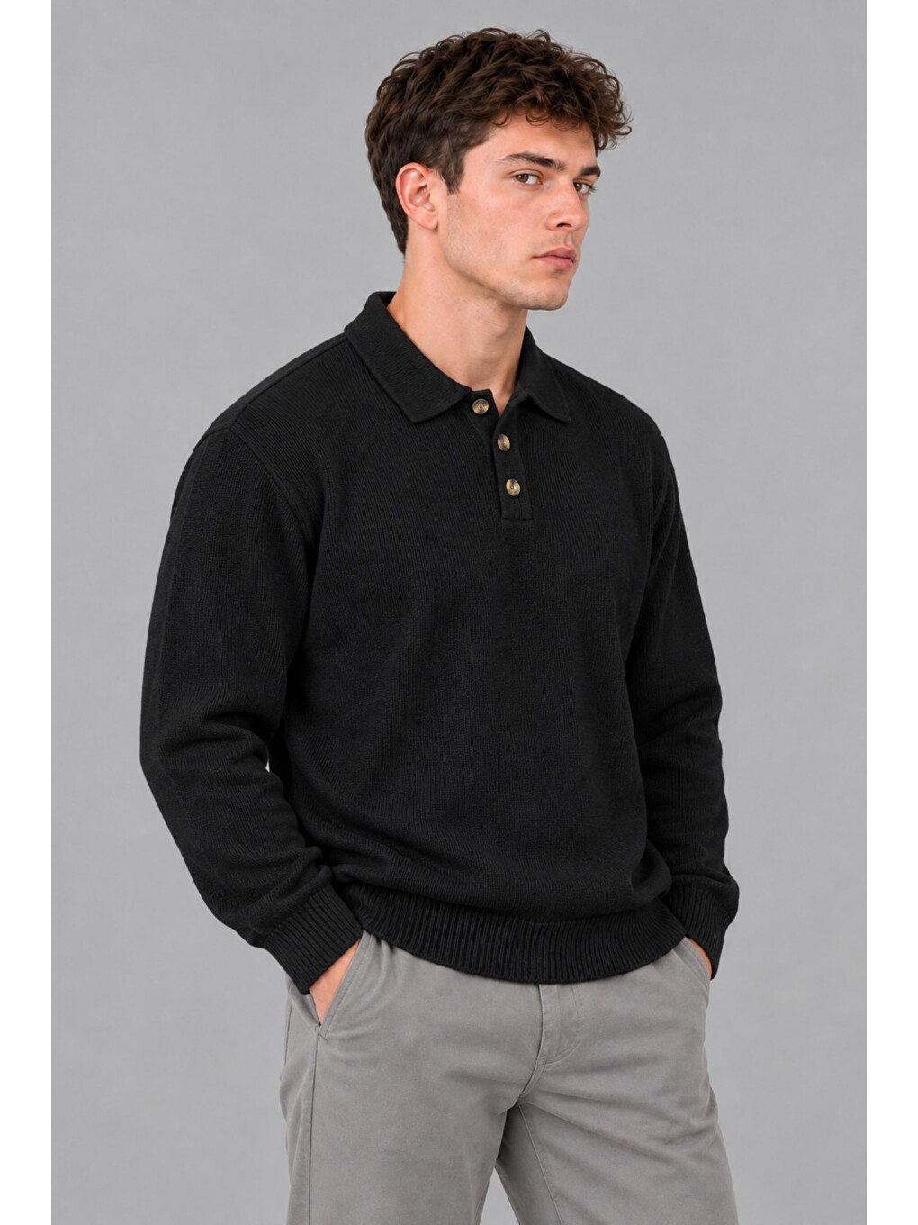 Siyah Oversize Düğmeli Yaka Örgü Kazak Dp 17501_10063-3
