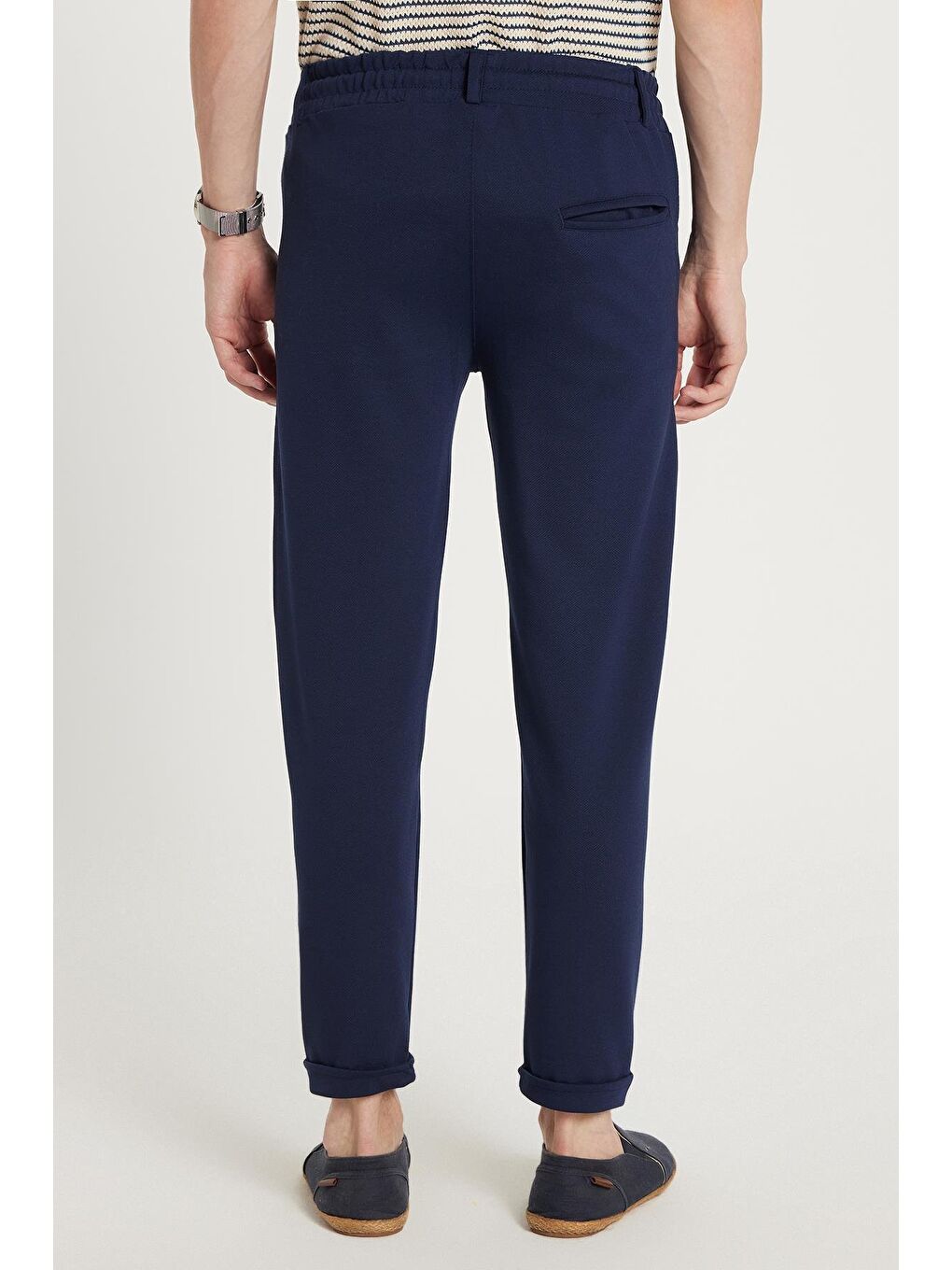 Erkek Slim Fit Pamuklu Beli Bağlamalı Yan Cepli Katlamalı Paça Jogger Lacivert Pantolon-4