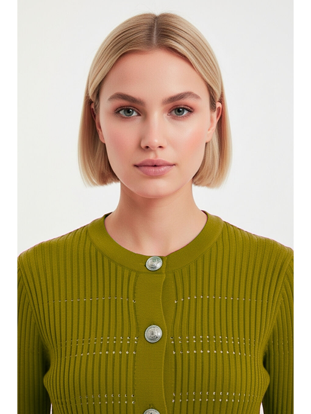 Metal Düğmeli Yuvarlak Yaka Kaşkorse Haki Hırka-2