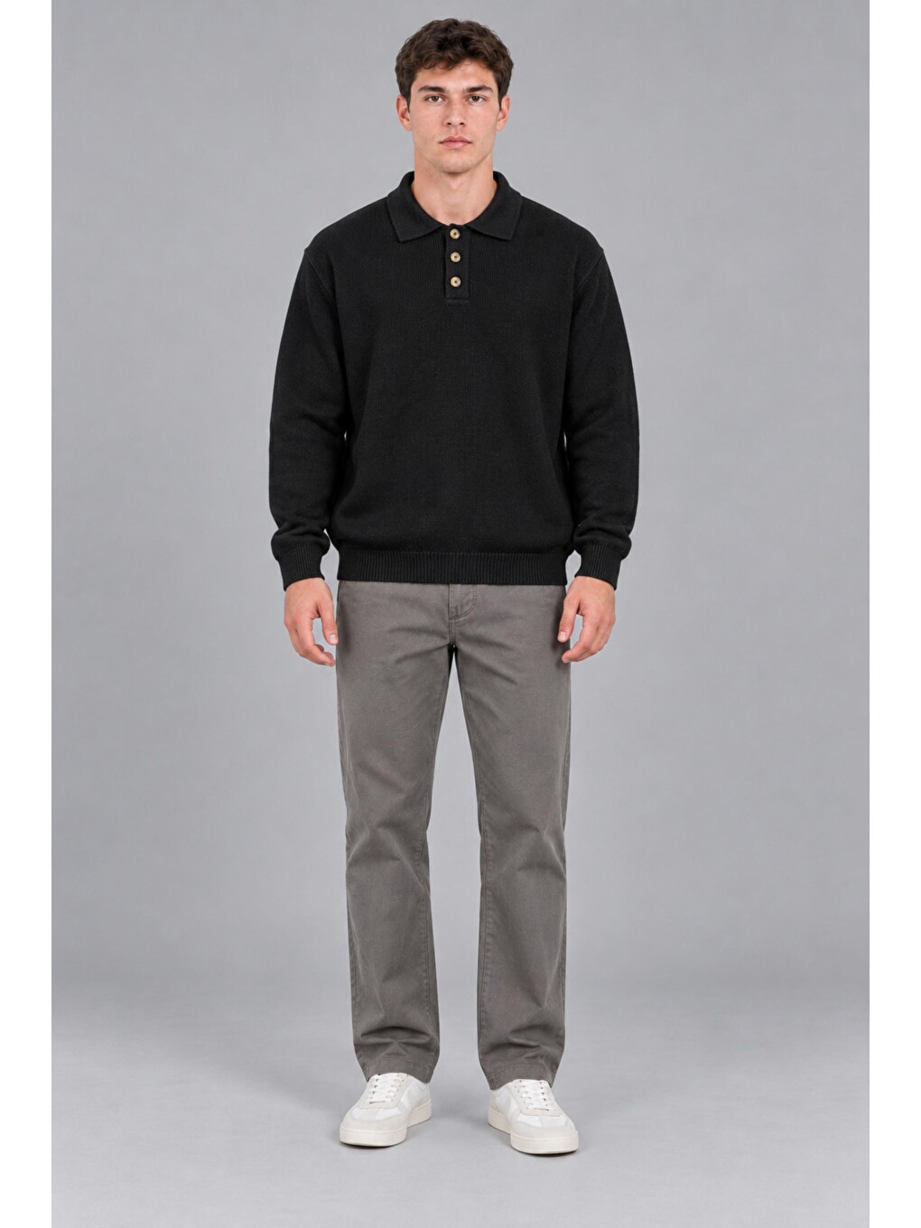Siyah Oversize Düğmeli Yaka Örgü Kazak Dp 17501_10063-4