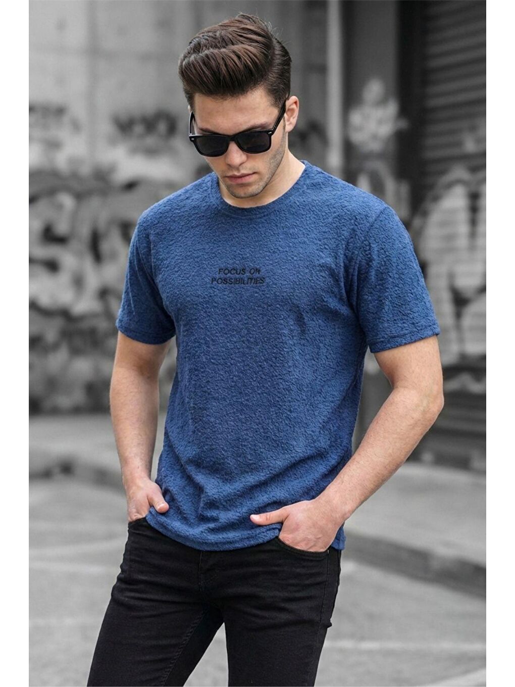 Mavi Focus On Özel Dokulu Buklet Kumaş Baskı Detaylı Erkek Tişört-1