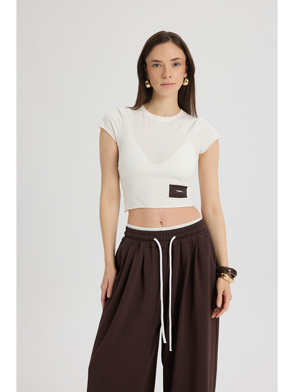 Kahverengi Albane Bel Detay Kahve Crop Eşofman Takım