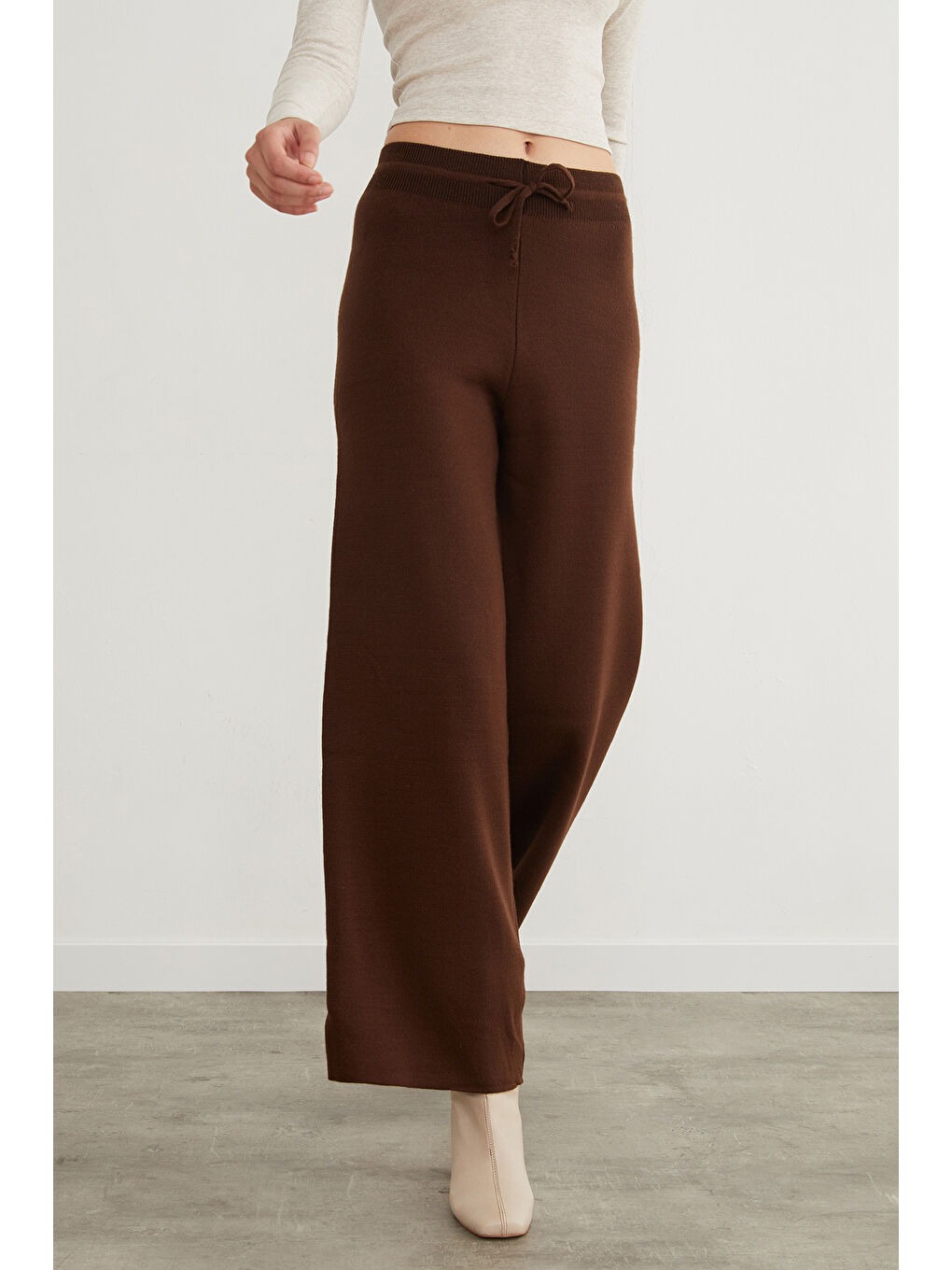 Kahverengi Beli Lastikli Palazzo Triko Pantolon-3