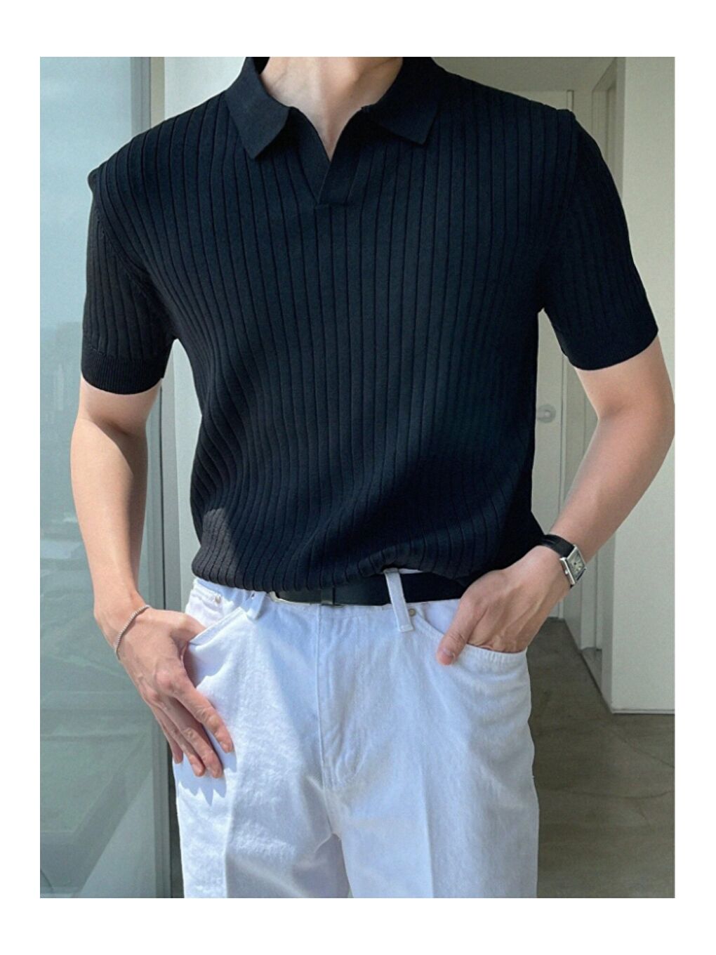 Gri Erkek Fitilli Polo Yaka Triko T-Shirt-11