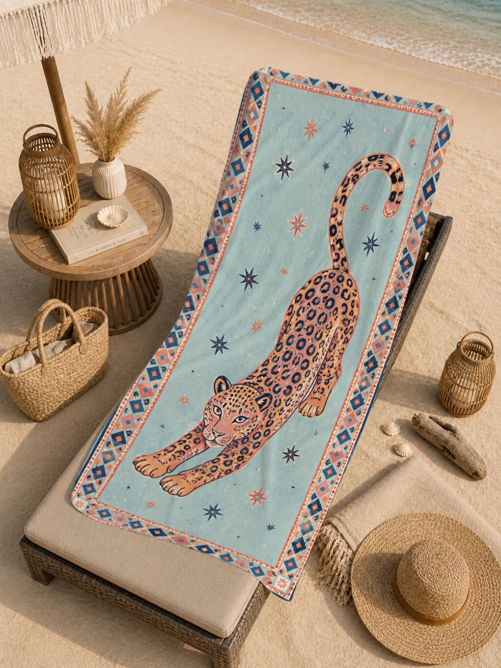 Bej Maximalist Leopar Bordürlü Halı Motifli Desenli 70x150 Plaj Havlusu - Dijital Baskılı Banyo Havlusu-3