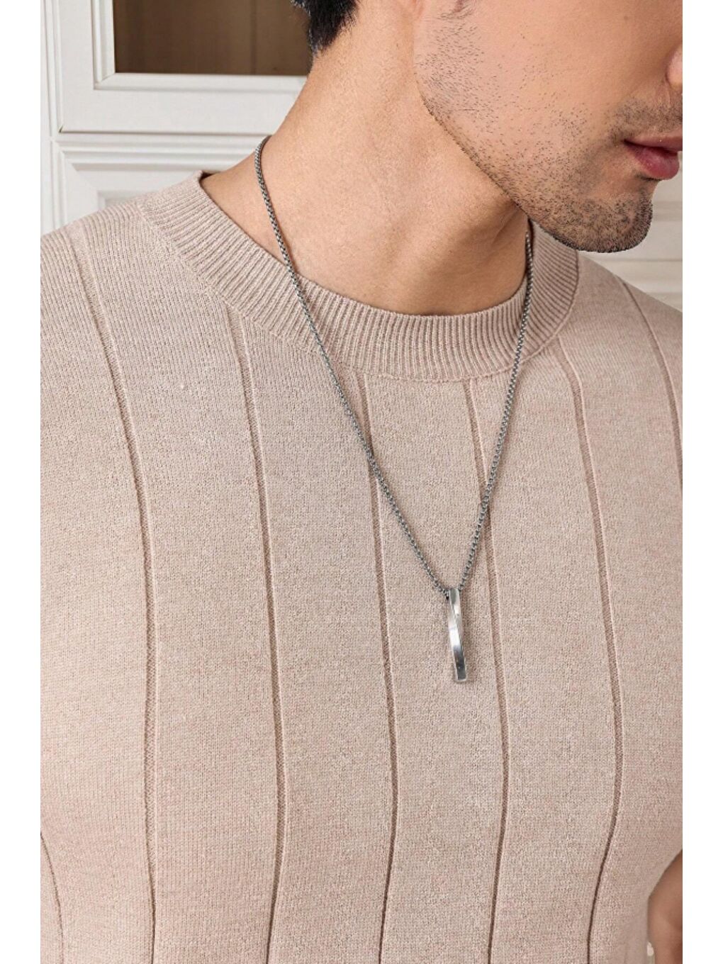 Bej Erkek Fit Dokulu Kısa Kollu Bisiklet Yaka Triko Tişört-5