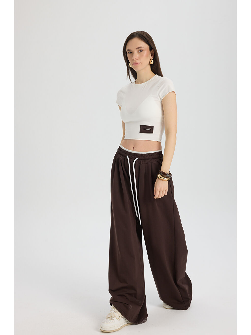 Kahverengi Albane Bel Detay Kahve Crop Eşofman Takım-1