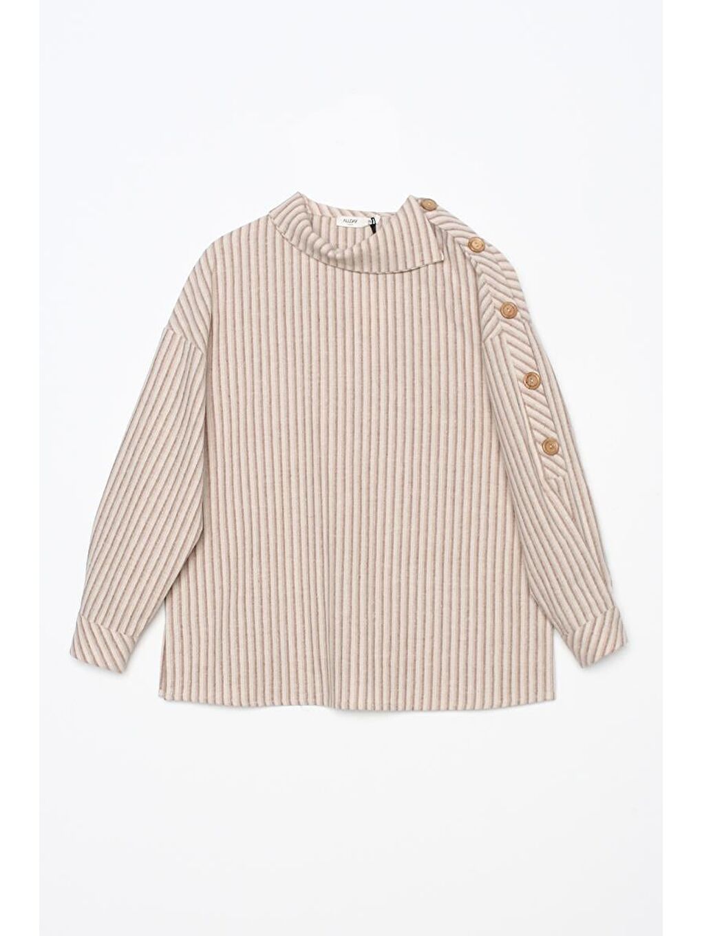 Kahverengi Camel-Pamuklu Omuzdan Düğmeli Çizgili Bluz-6