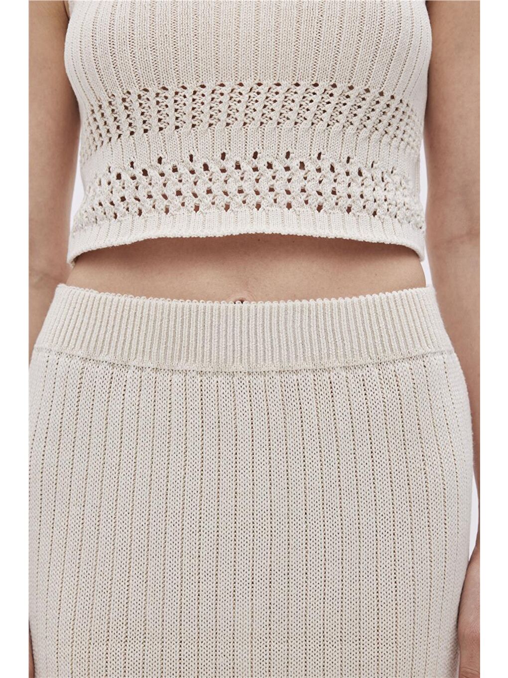 Ekru Ajurlu V Yaka Askılı Triko Bluz-3