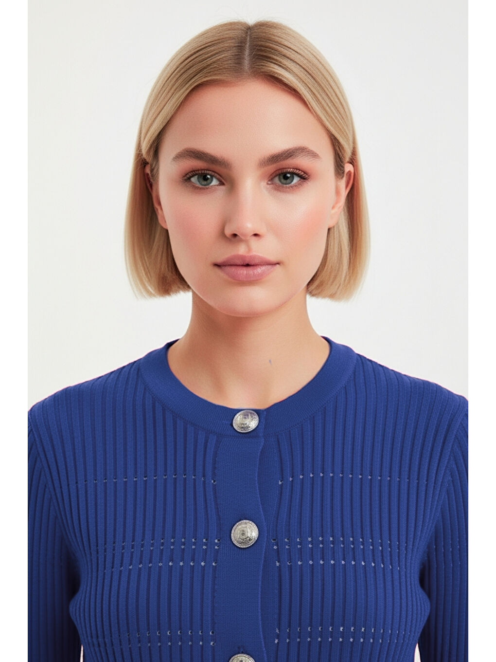 Metal Düğmeli Yuvarlak Yaka Kaşkorse Saks Mavi Hırka-2