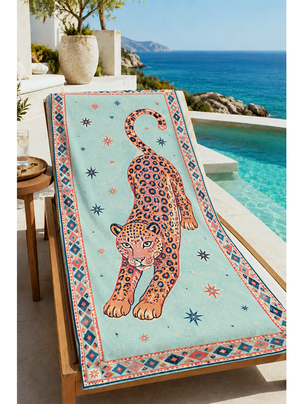 Bej Maximalist Leopar Bordürlü Halı Motifli Desenli 70x150 Plaj Havlusu - Dijital Baskılı Banyo Havlusu-4