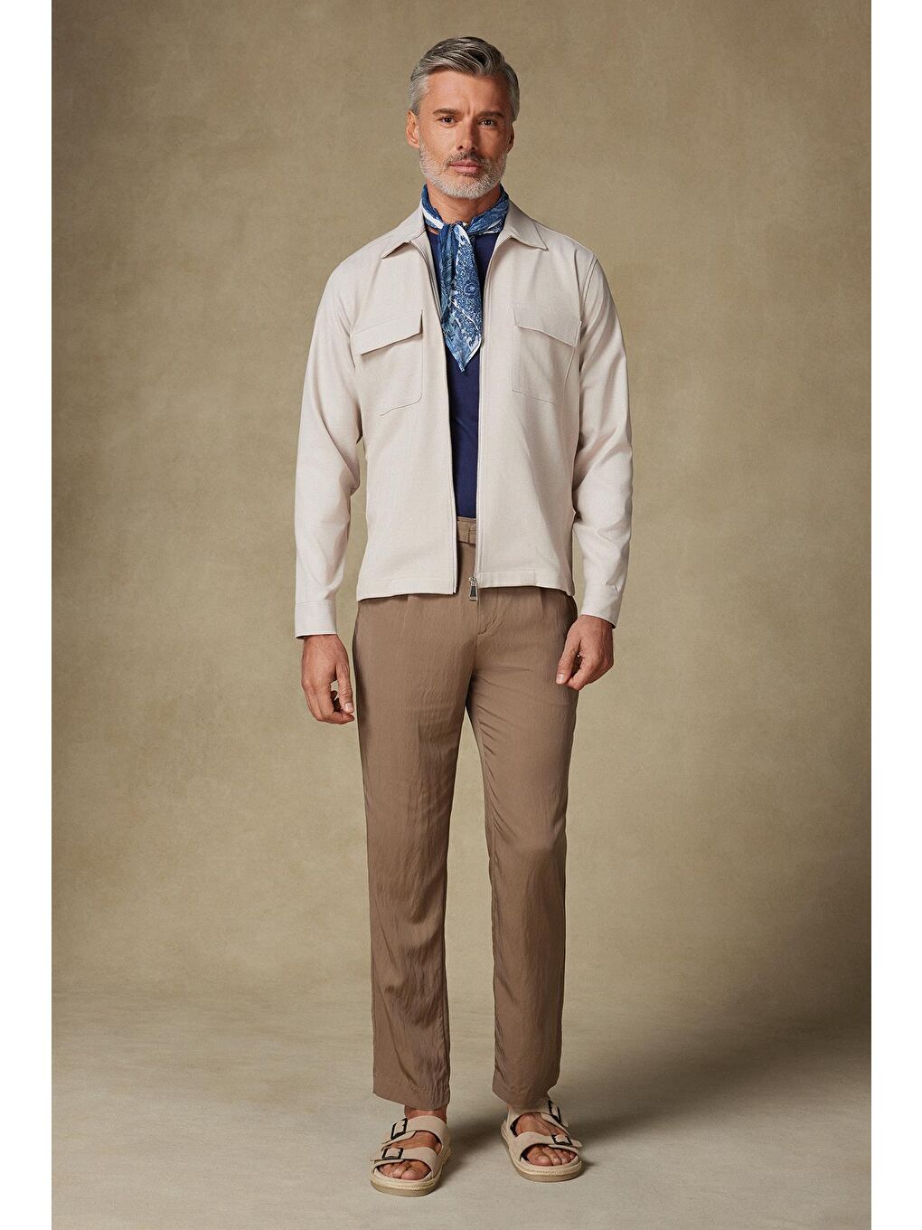 Verso Twill Overshirt Polyviskon Karışımlı Oversize Fit Bej Klasik Yaka Erkek Çizgili Ceket-2