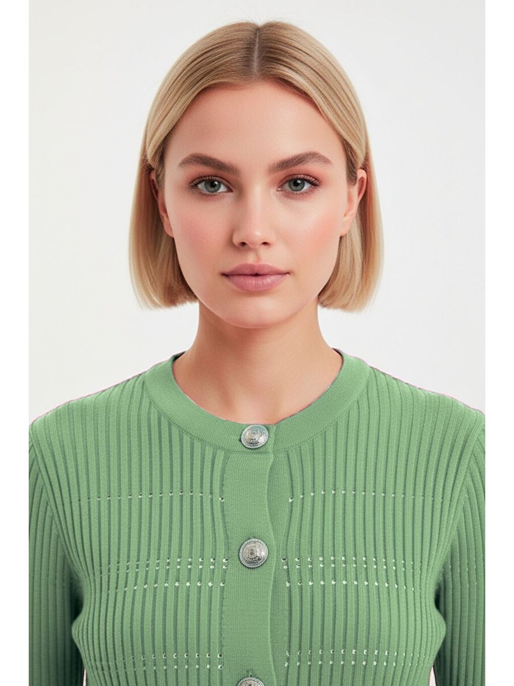 Yeşil Metal Düğmeli Yuvarlak Yaka Kaşkorse Mint Hırka-2