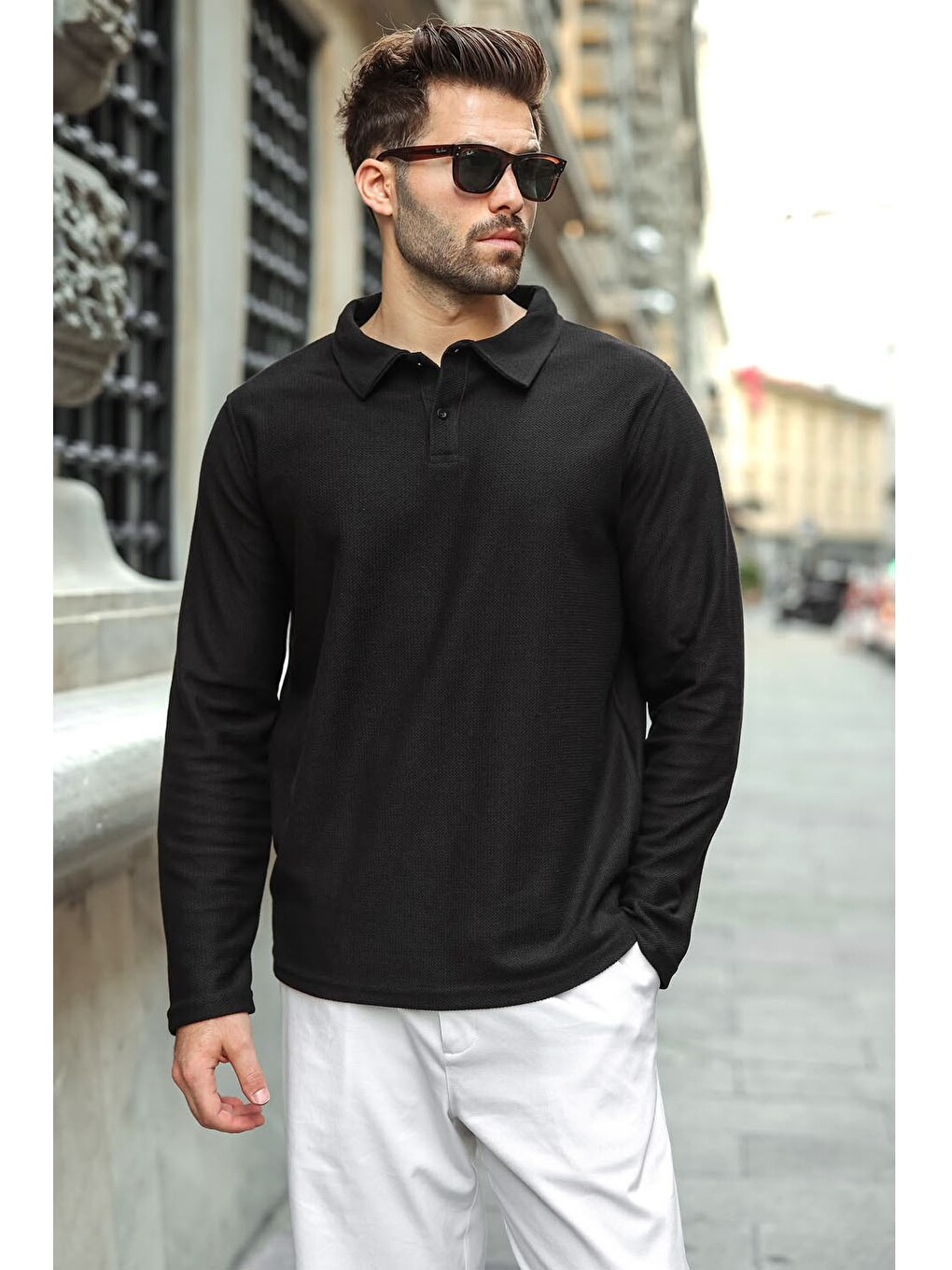 Siyah Gömlek Yaka Dokulu Regular Fit Erkek Sweatshirt E7203