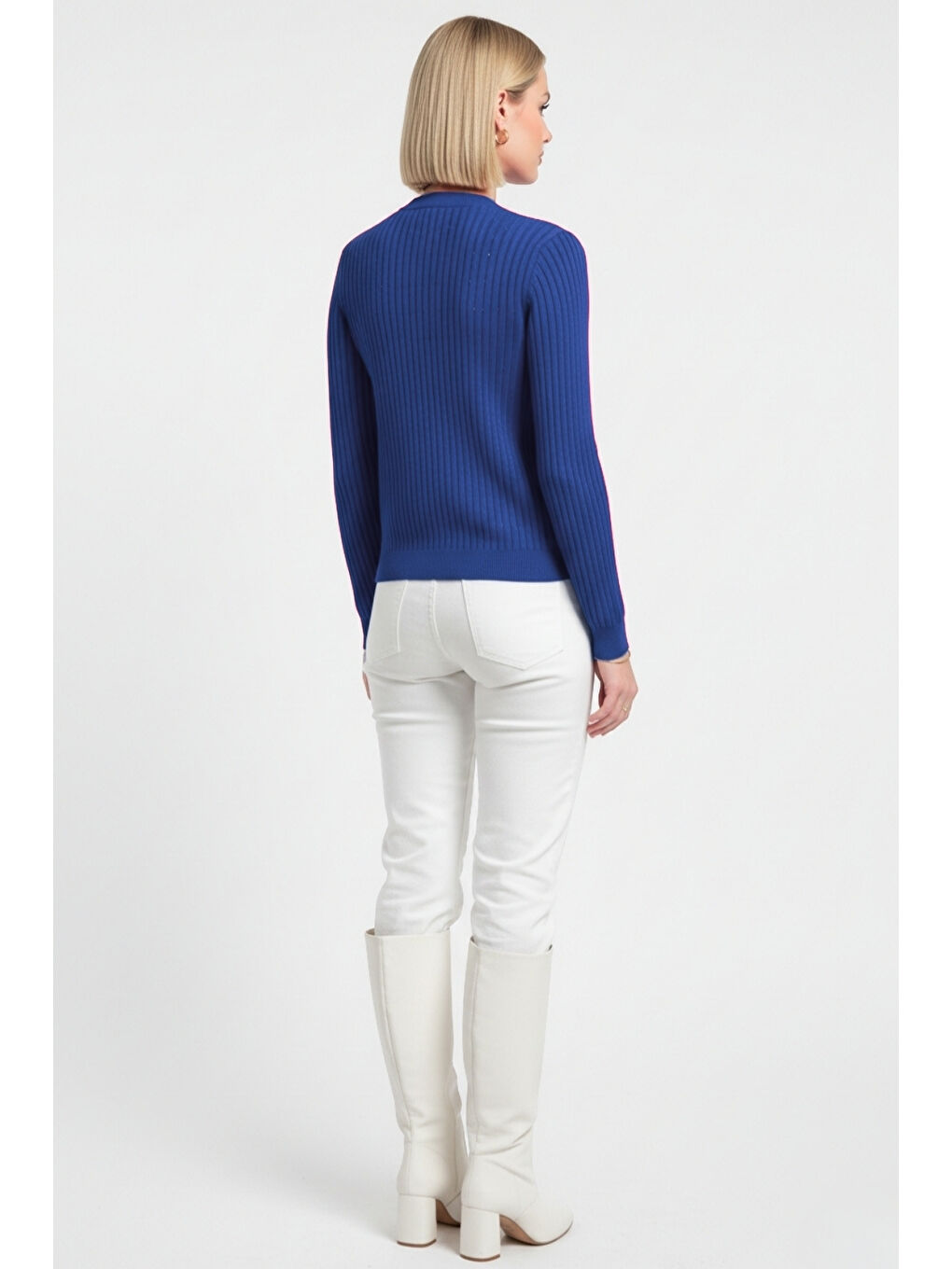 Metal Düğmeli Yuvarlak Yaka Kaşkorse Saks Mavi Hırka-3