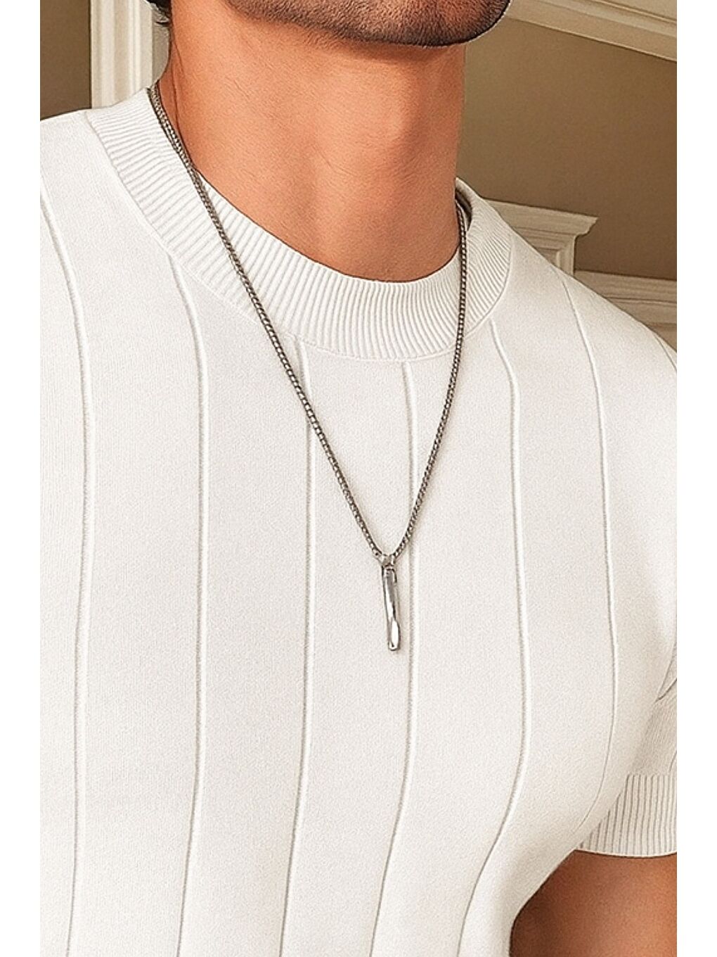 Beyaz Erkek Fit Dokulu Kısa Kollu Bisiklet Yaka Triko Tişört-2