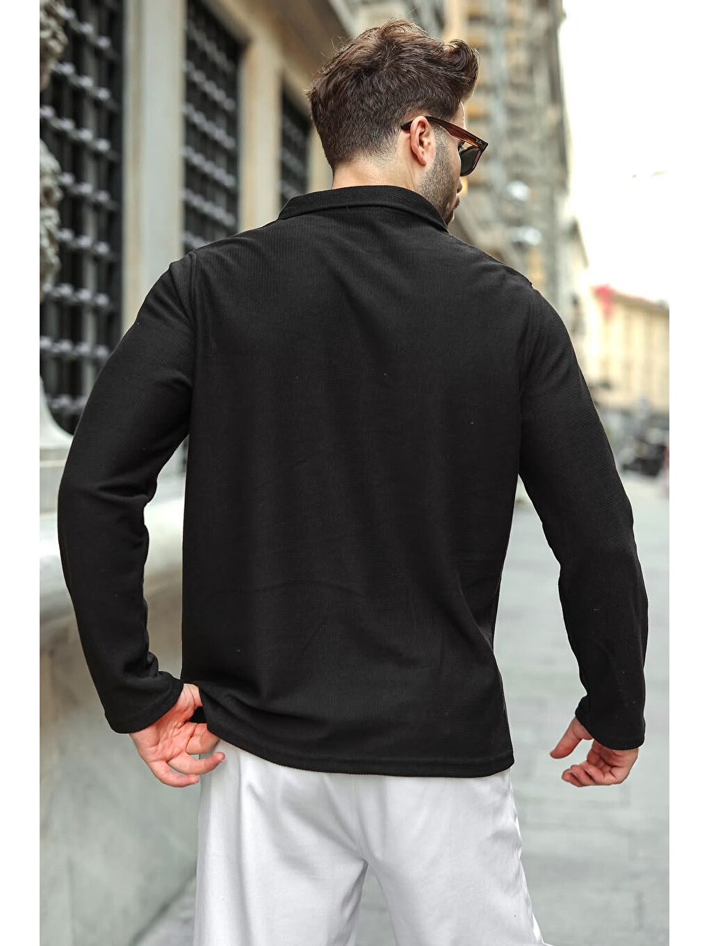 Siyah Gömlek Yaka Dokulu Regular Fit Erkek Sweatshirt E7203-1