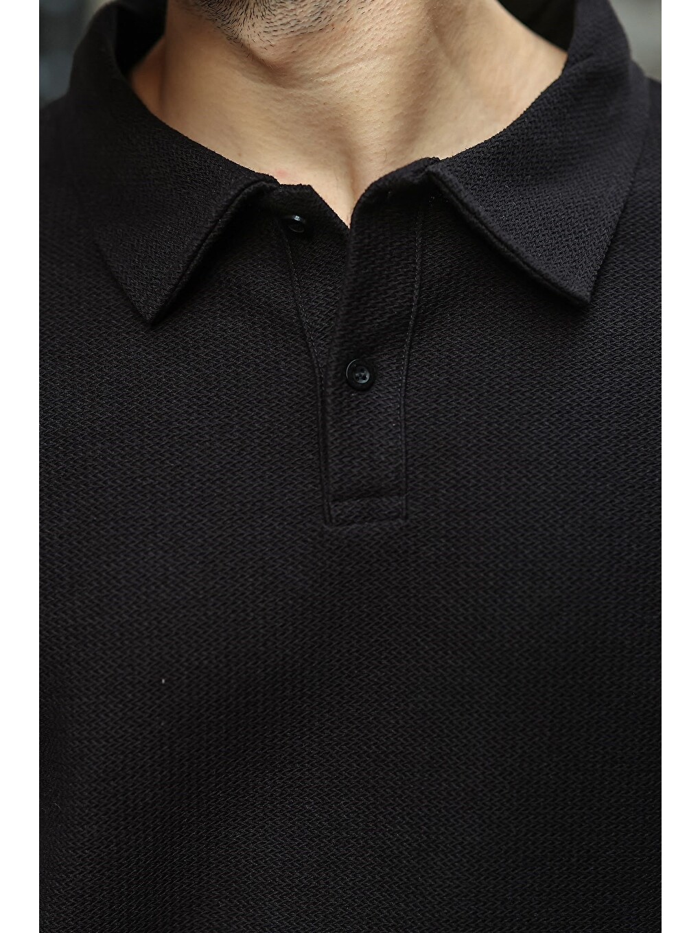 Siyah Gömlek Yaka Dokulu Regular Fit Erkek Sweatshirt E7203-2