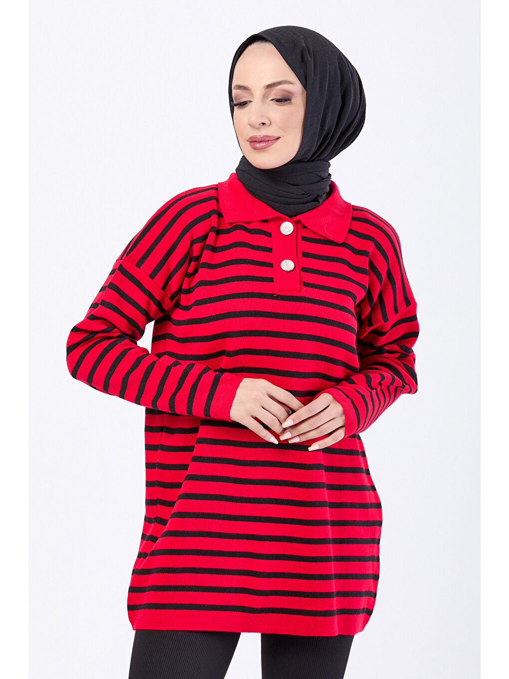 Kırmızı Çift Düğmeli Çizgili Triko Kazak Kirmizi - 27628-1