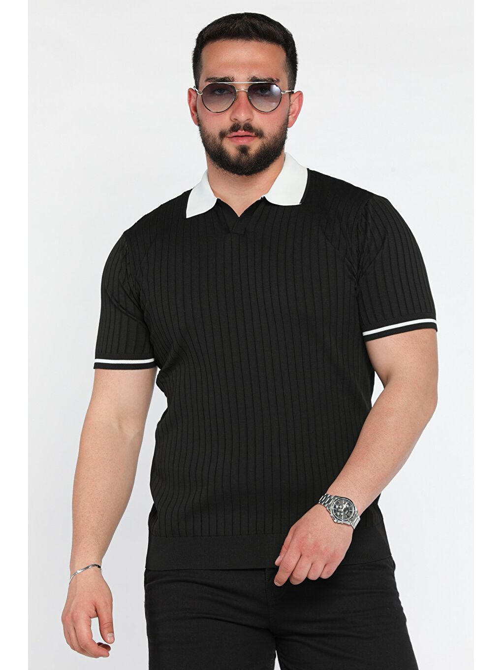 Siyah Erkek Polo Yaka Kendinden Çizgi Desenli Triko Tişört