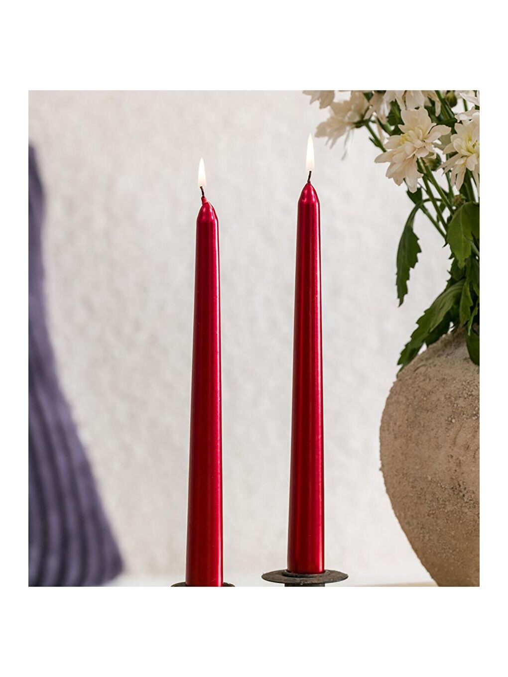 2'li Premium Metalik Kırmızı Şamdan Mumu 25 Cm - Yılbaşı Mumu-2