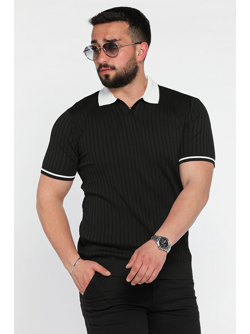 Siyah Erkek Polo Yaka Kendinden Çizgi Desenli Triko Tişört-1