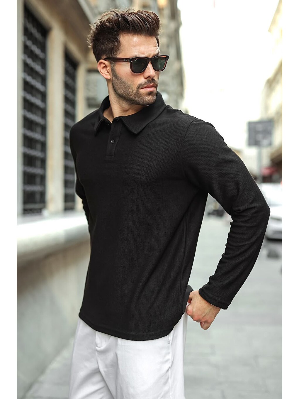 Siyah Gömlek Yaka Dokulu Regular Fit Erkek Sweatshirt E7203-4