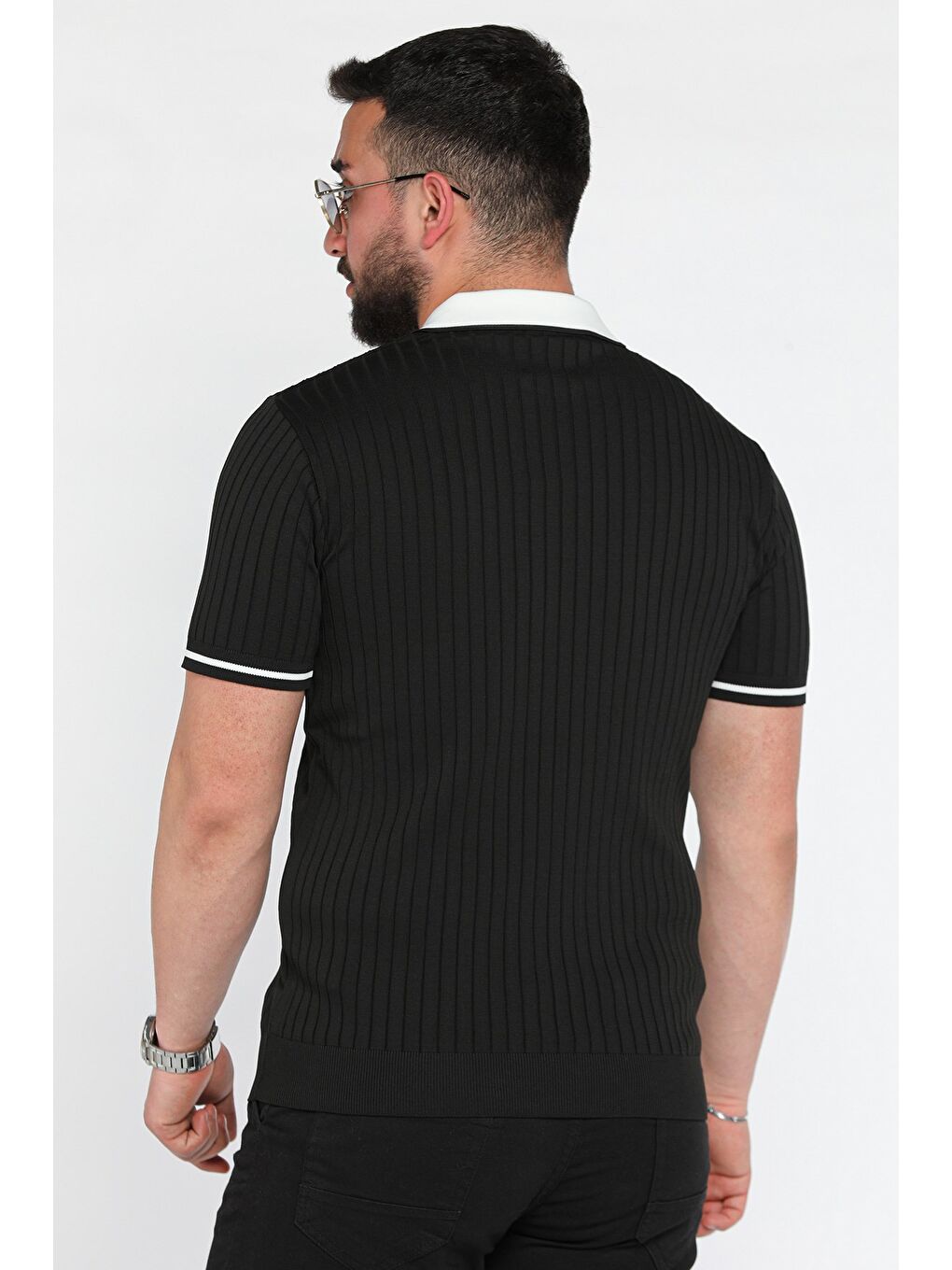 Siyah Erkek Polo Yaka Kendinden Çizgi Desenli Triko Tişört-2