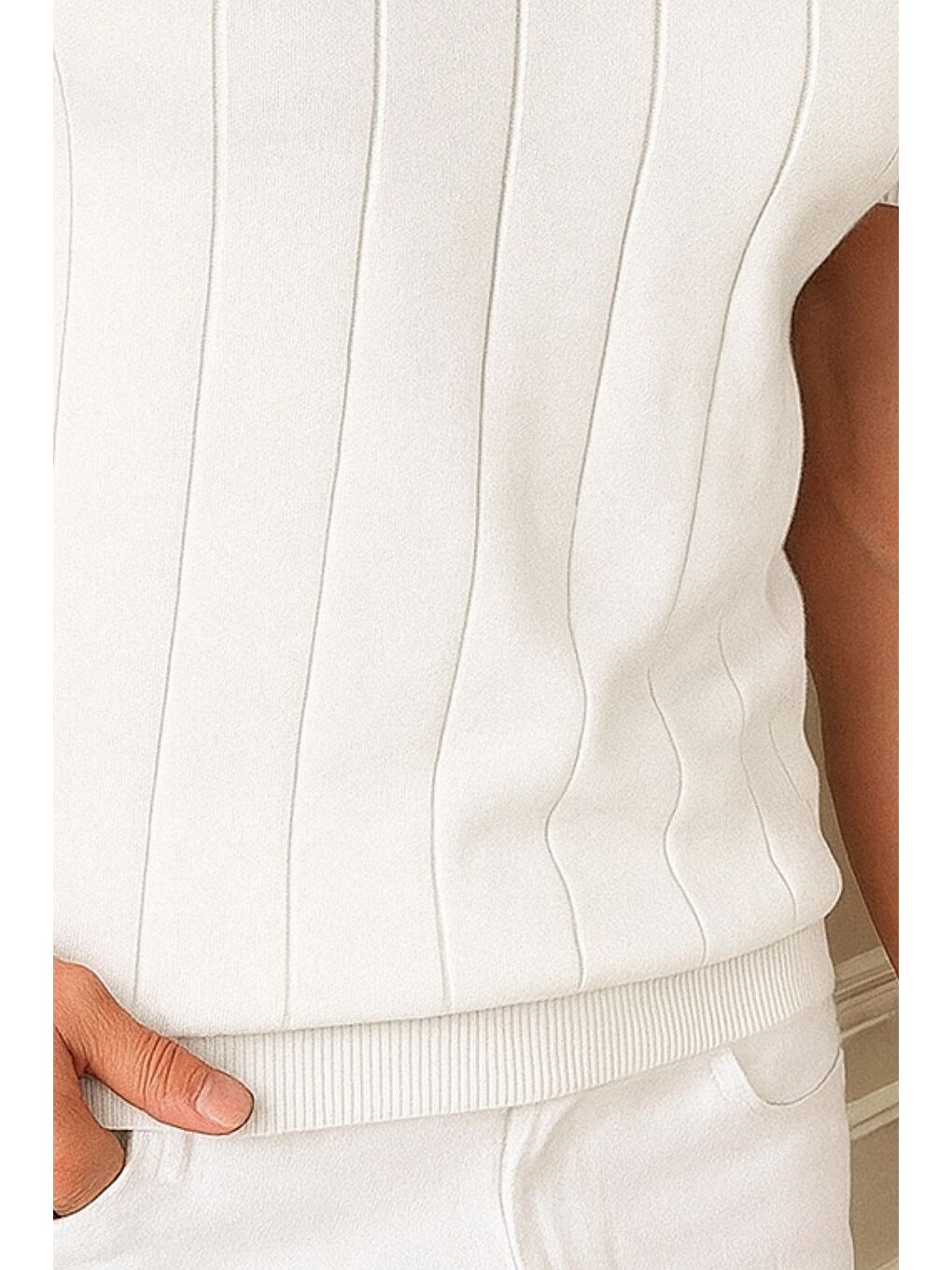 Beyaz Erkek Fit Dokulu Kısa Kollu Bisiklet Yaka Triko Tişört-3