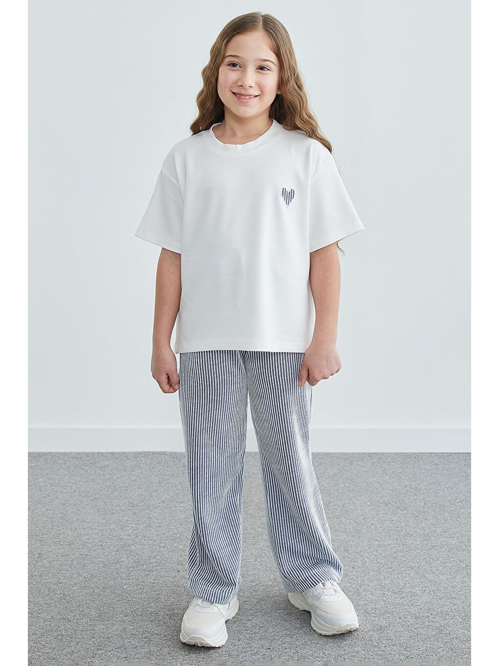 Lacivert Çizgili Bisiklet Yaka Kız Çocuk 2 Li Takım