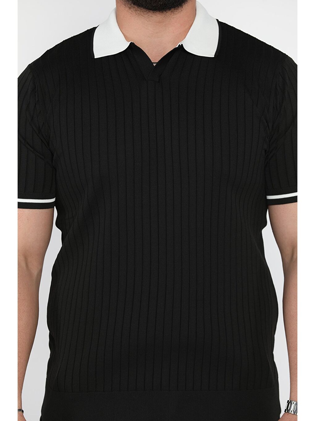 Siyah Erkek Polo Yaka Kendinden Çizgi Desenli Triko Tişört-3