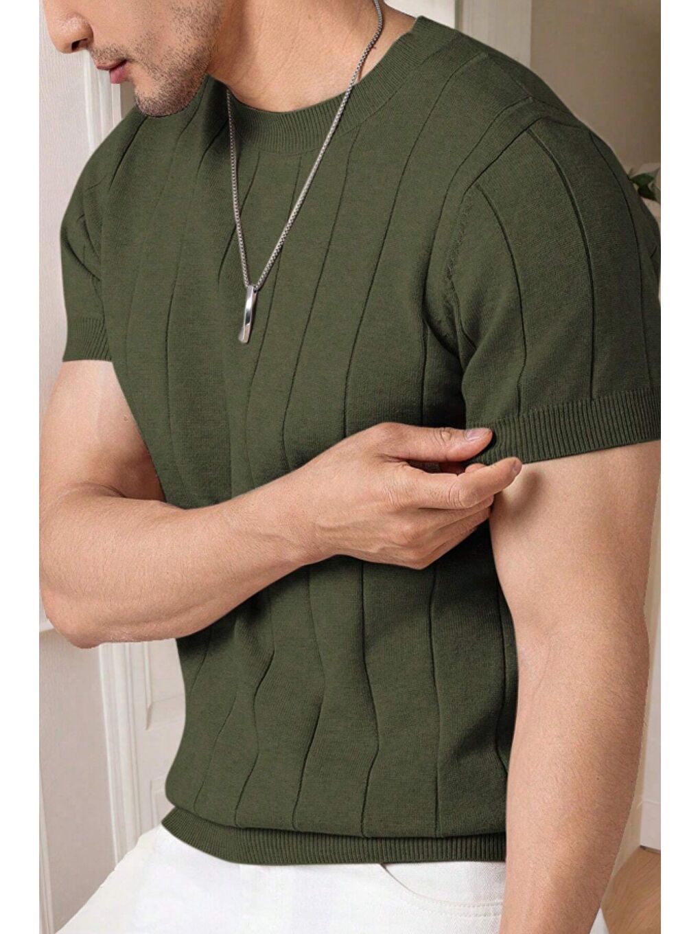 Haki Erkek Fit Dokulu Kısa Kollu Bisiklet Yaka Triko Tişört-1