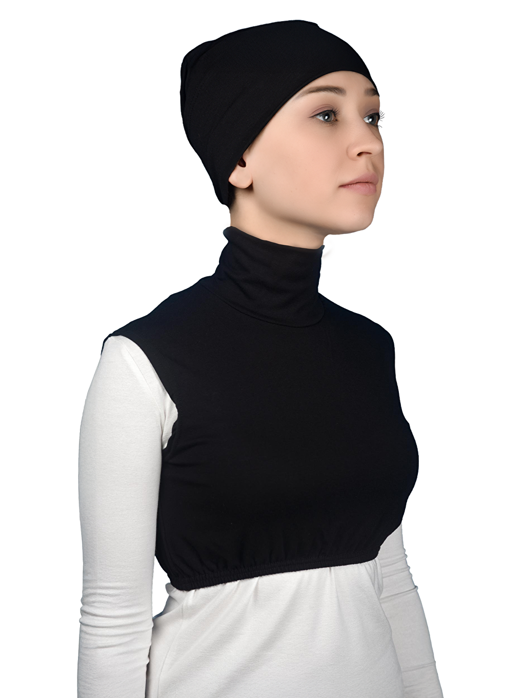 Siyah Sıfır Kol Balıkçı Yaka Tam Boğazlı Elastanlı Penye Kadın Yarım Body