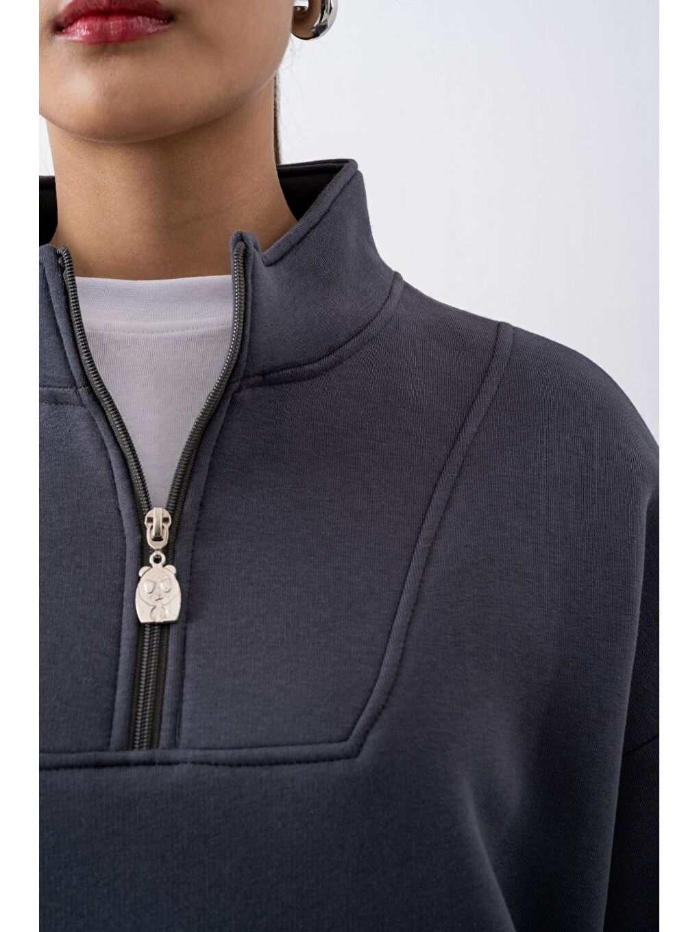 Kadın Antrasit Fermuarlı Oversize Sweatshirt-1