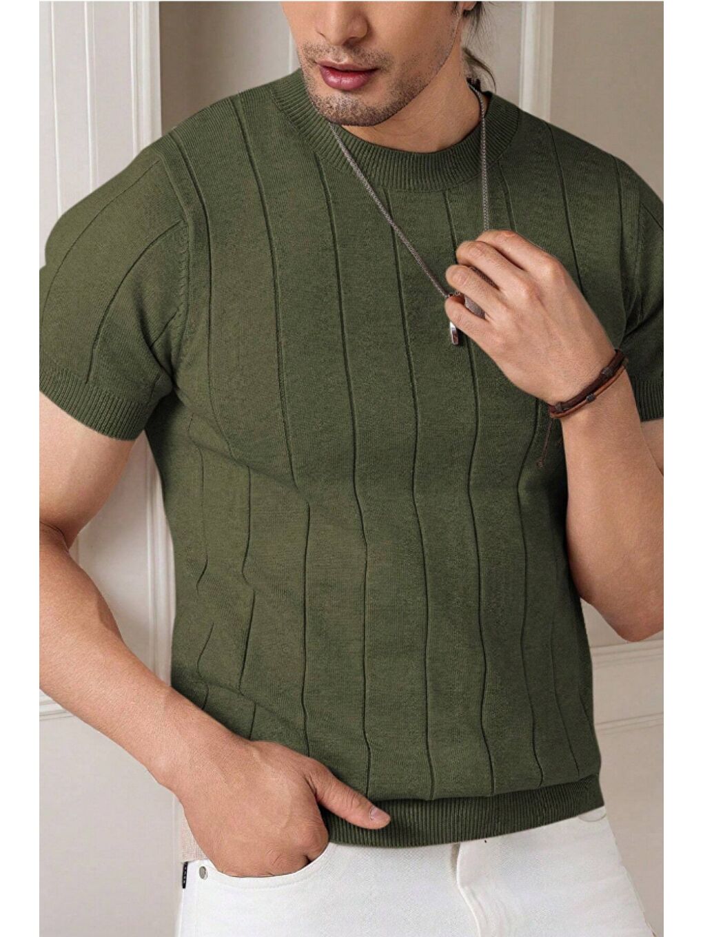 Haki Erkek Fit Dokulu Kısa Kollu Bisiklet Yaka Triko Tişört-2