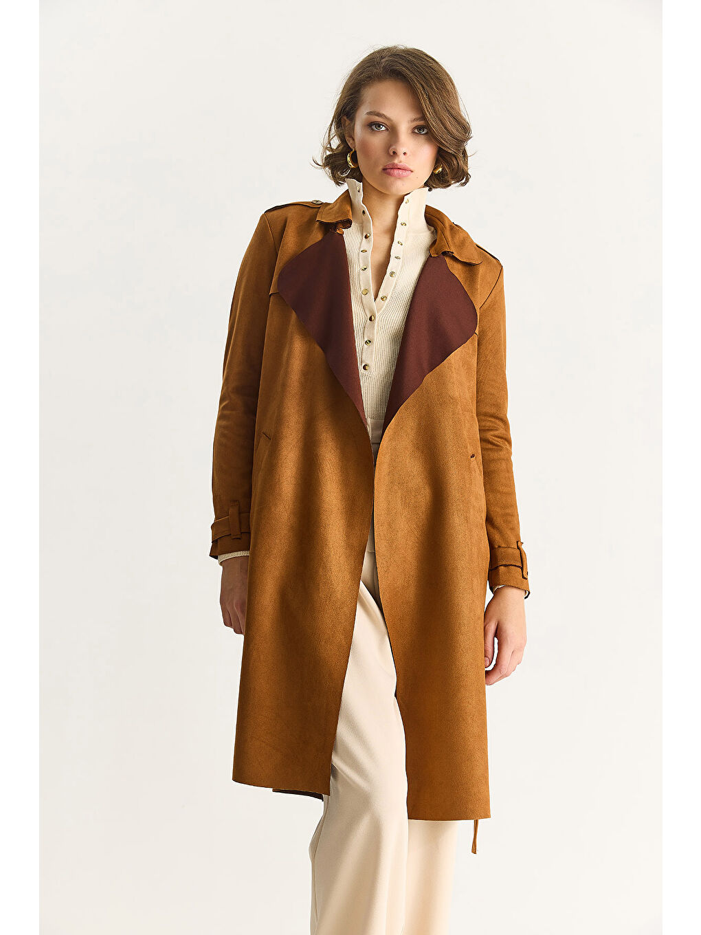 Kahverengi Kadın Kruvaze Yaka Dökümlü Kuşaklı Süet Trençkot --2