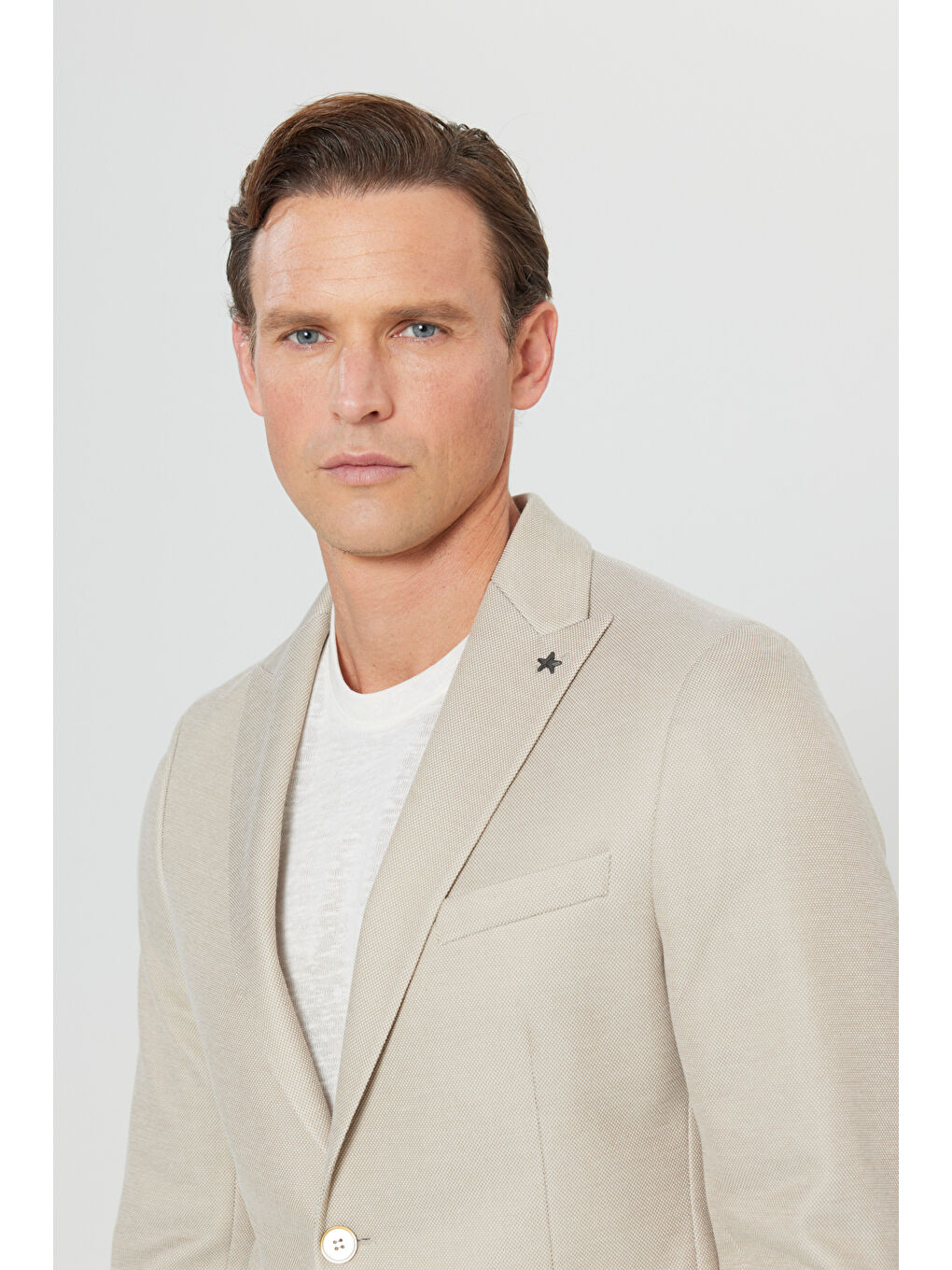 Erkek Bej 360 Her Yöne Esneyen Pamuklu Slim Fit Kırlangıç Yaka Armürlü Blazer Ceket-3
