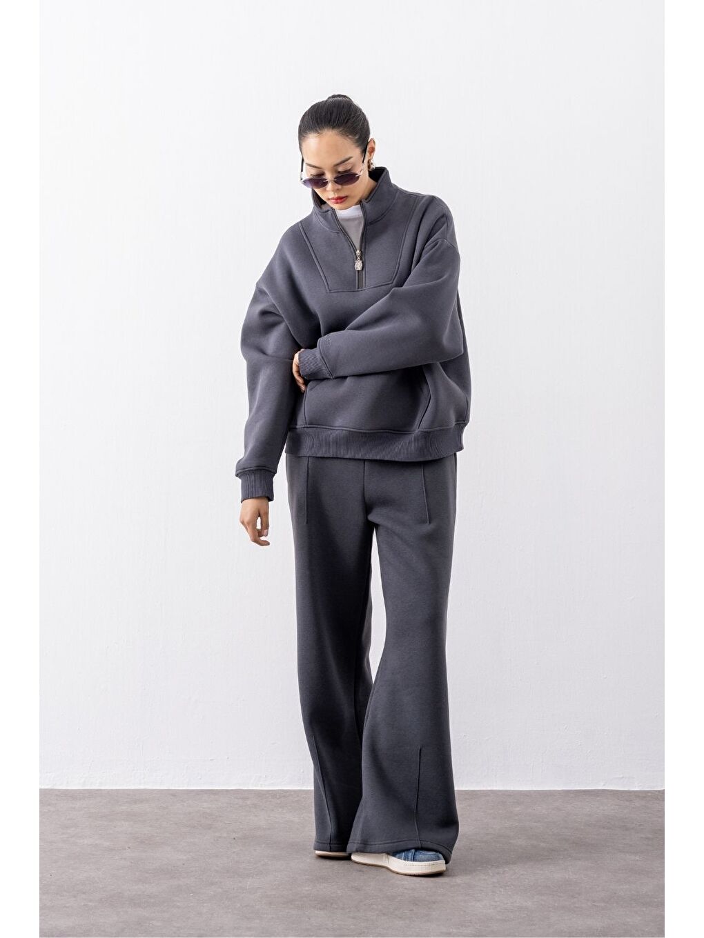 Kadın Antrasit Fermuarlı Oversize Sweatshirt-2