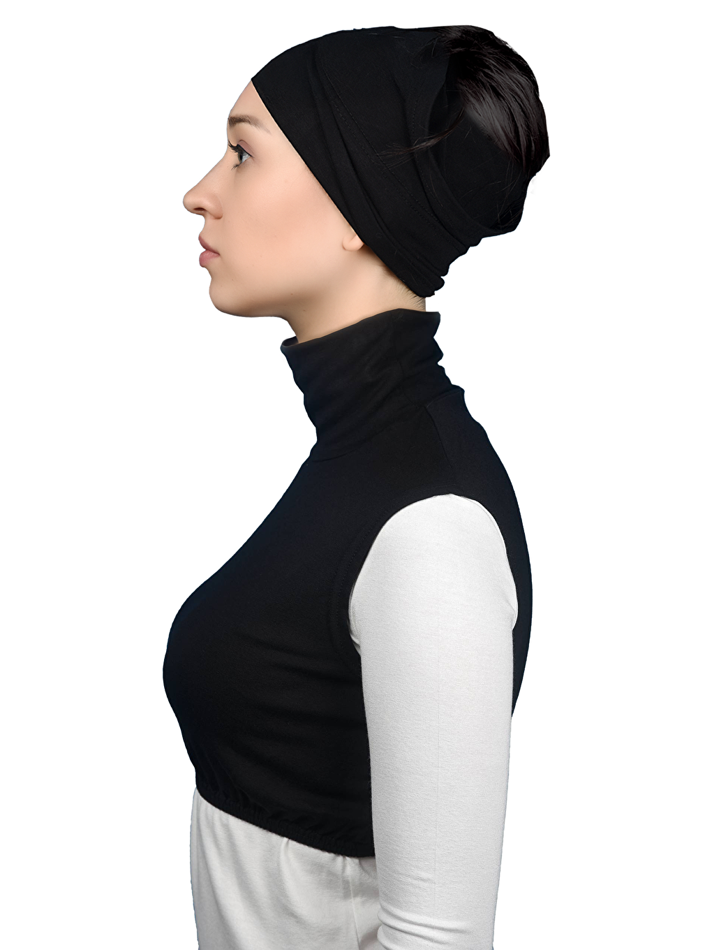 Siyah Sıfır Kol Balıkçı Yaka Tam Boğazlı Elastanlı Penye Kadın Yarım Body-2