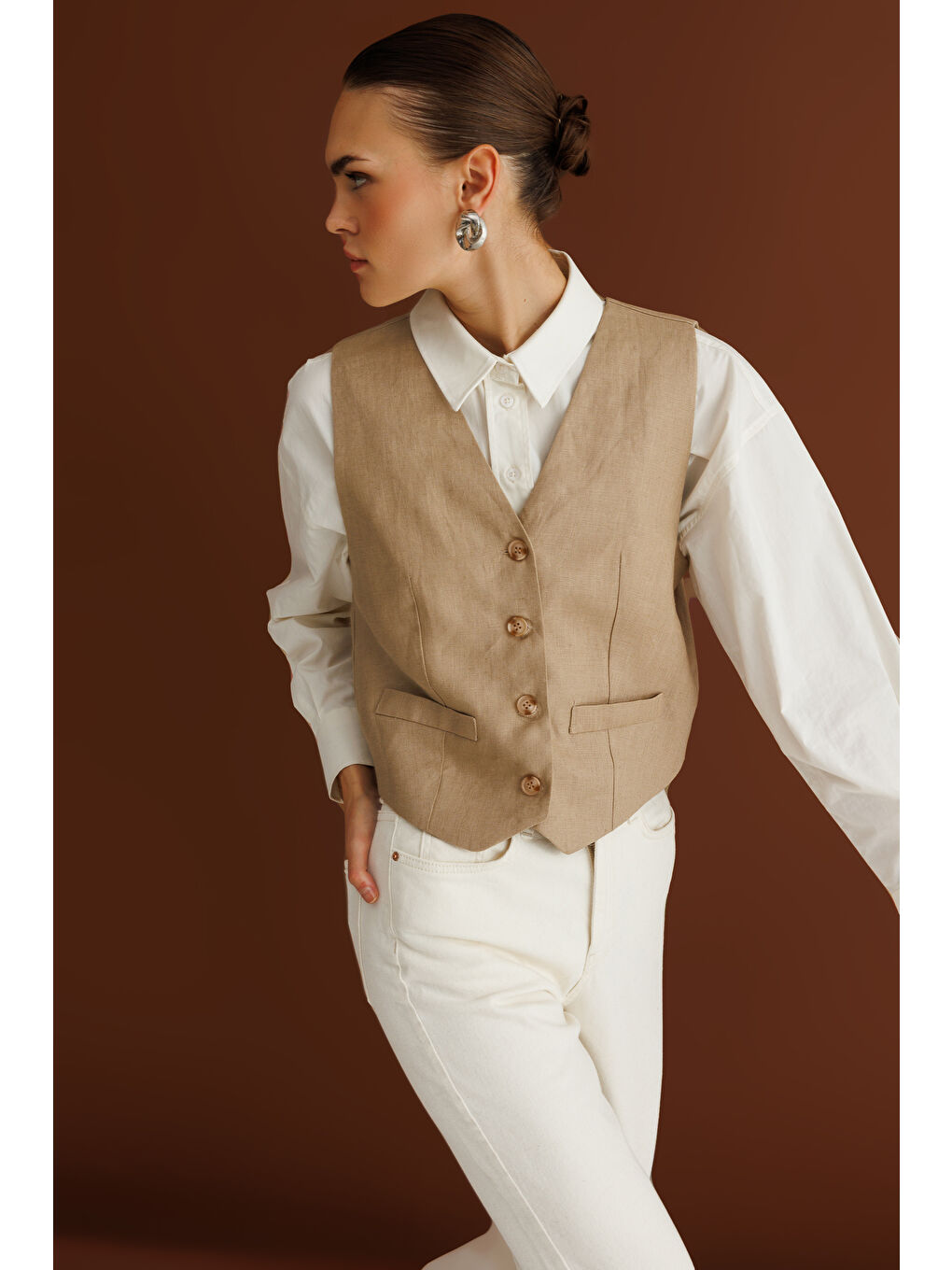 Bej Rengi Saf Keten Yelek-1