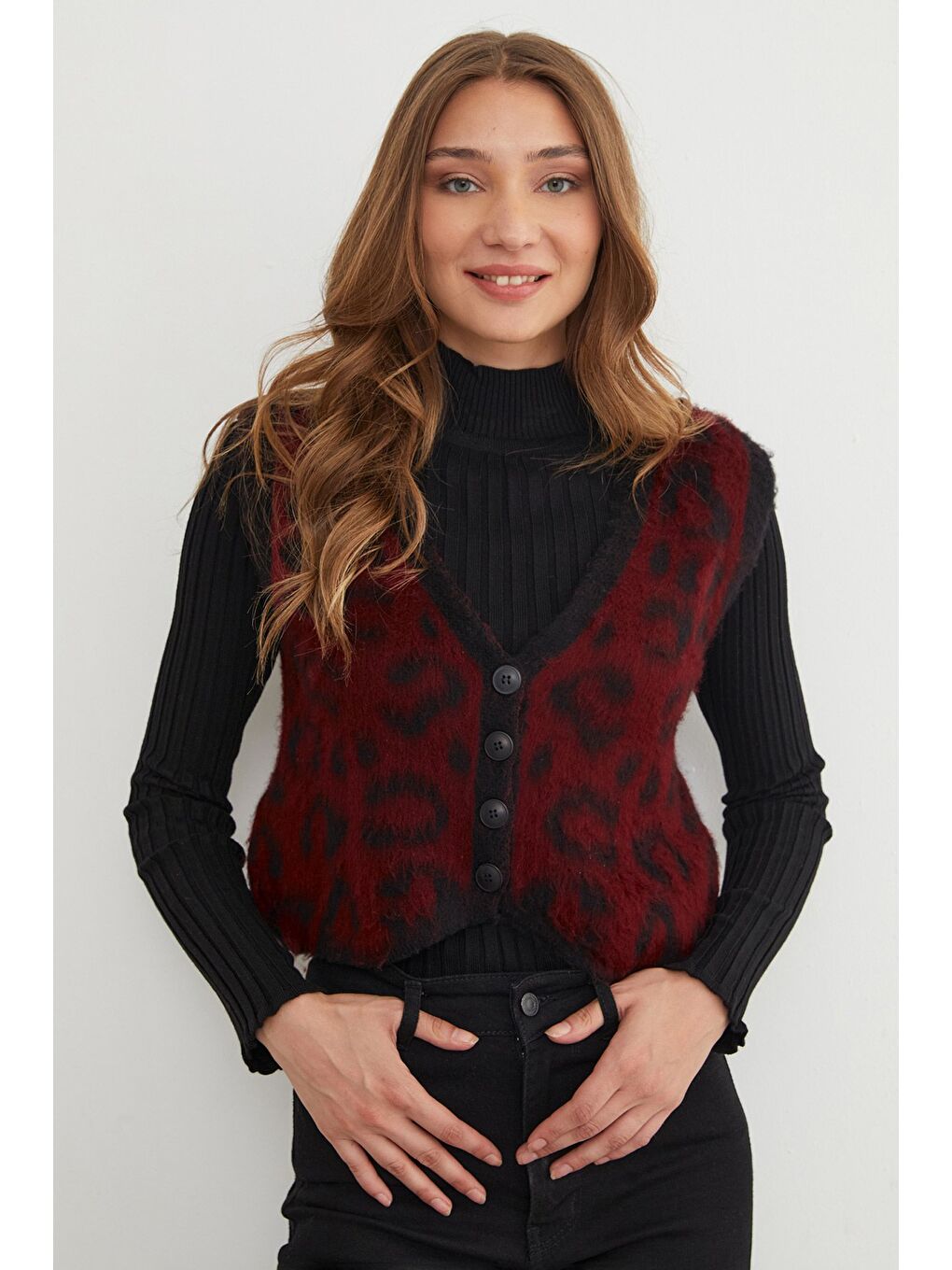 Bordo Leopar Desenli Düğmeli Triko Yelek-3
