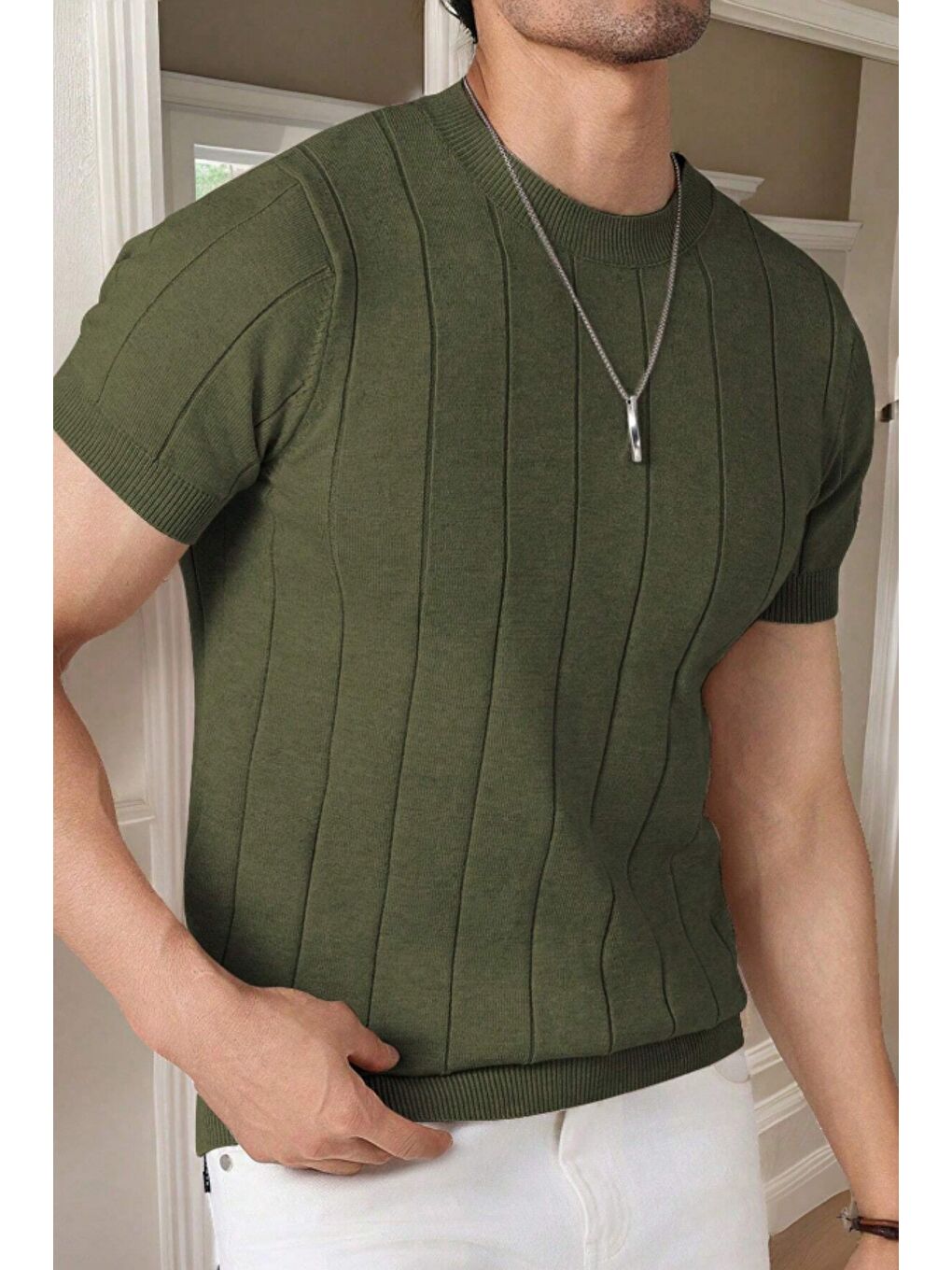 Haki Erkek Fit Dokulu Kısa Kollu Bisiklet Yaka Triko Tişört-3