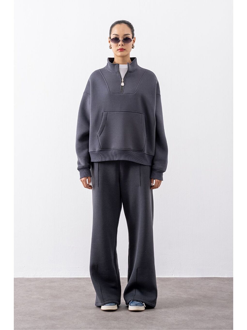 Kadın Antrasit Fermuarlı Oversize Sweatshirt-3